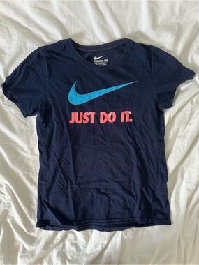 Nike Navy Tee with Turquoise Swoosh and Coral Pink Text